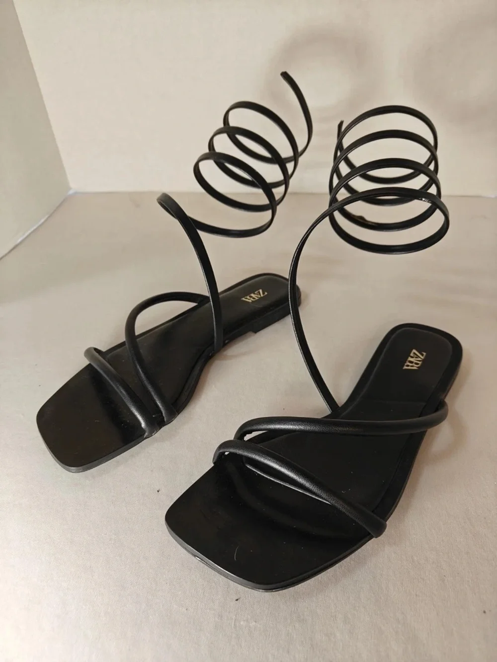 Zara Black Spiral Lace-Up Square-Toe Flat Sandals